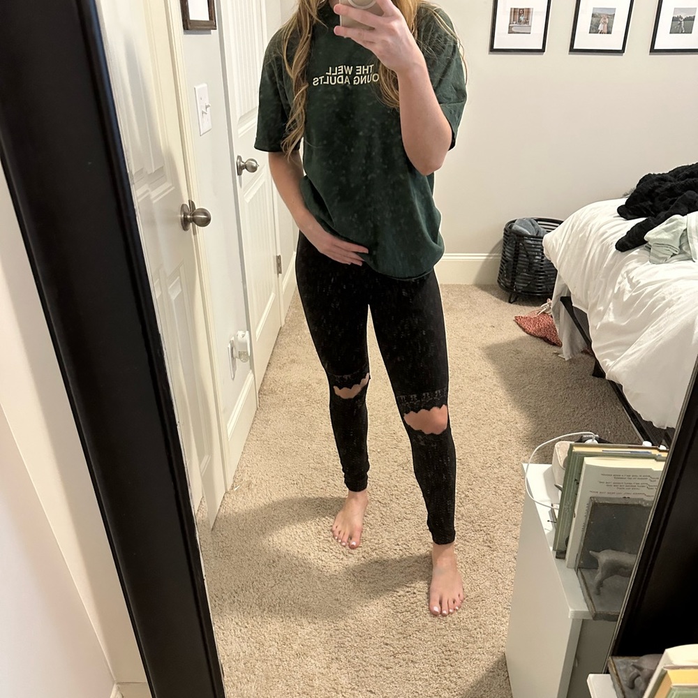 Dress up black leggings, high rise with lace cut outs on knees